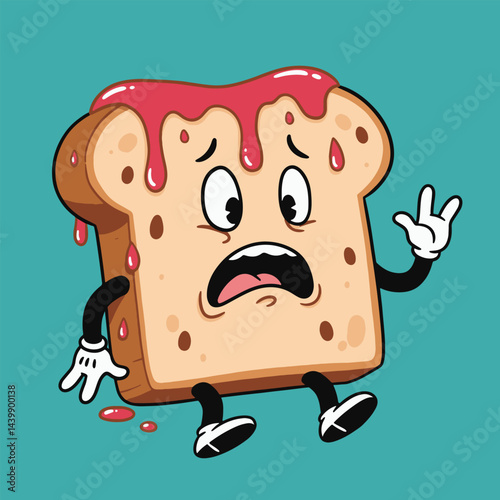 A cartoon toast character with jam dripping down its face and a worried expression on a blue background