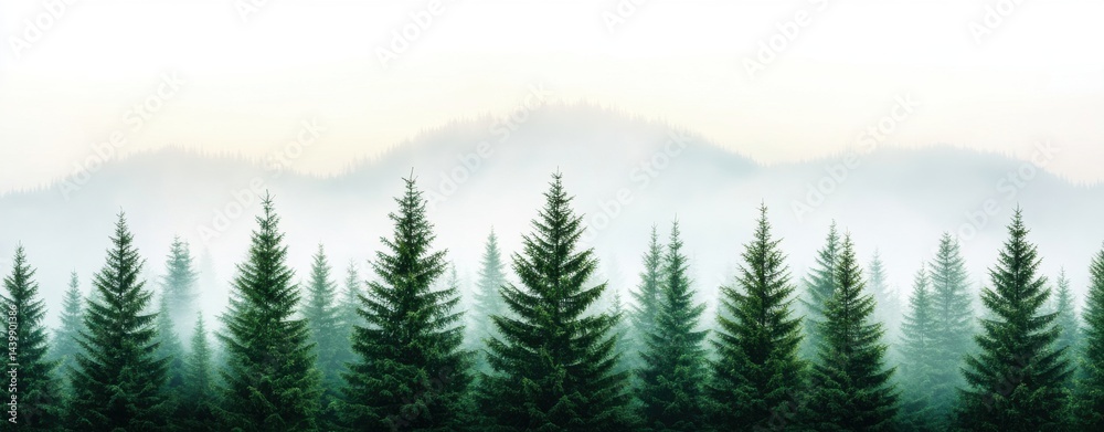 Fototapeta premium Serene misty mountain landscape featu a majestic silhouette of evergreen trees in a lush forest creating a tranquil and peaceful scene perfect for nature-themed designs.