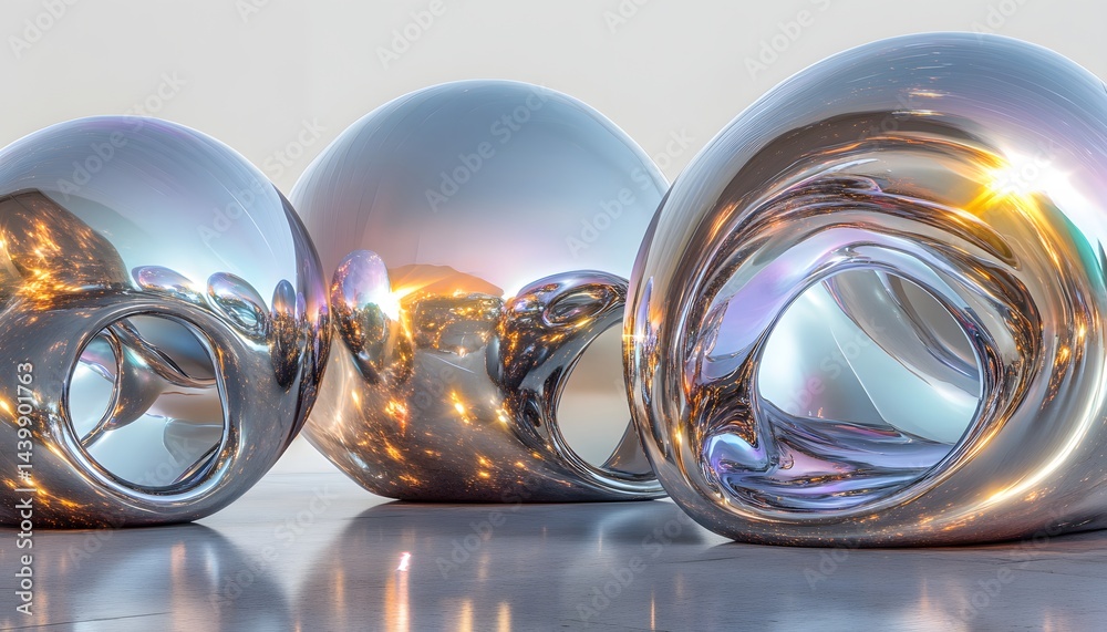 Three abstract chrome sculptures reflect light and have organic forms