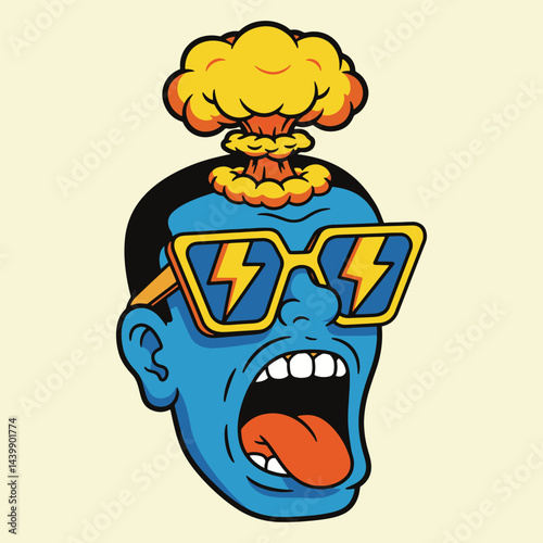 Cartoon head with blue skin wearing sunglasses and an explosion on top of its head shouting