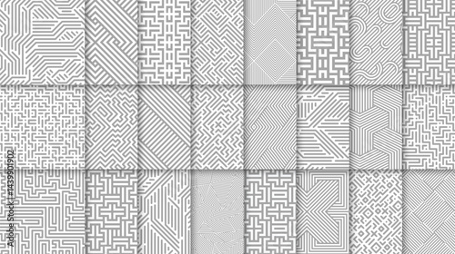 Collection of vector seamless geometric patterns. Striped grey abstract ornament backgrounds. Monochrome endless unusual prints with symmetric lines