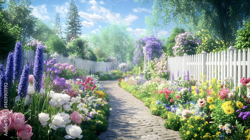 Vibrant Flower Garden Path: Spring Blooms and White Fence