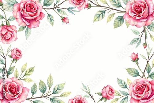 Delicate watercolor roses & leaves, repeating pattern, graphics, red