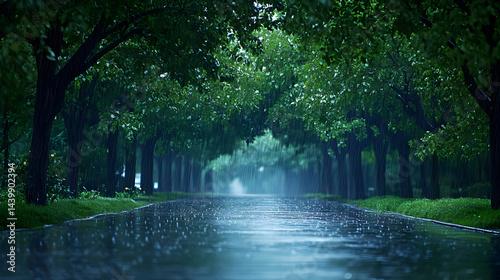 Rainy Day Landscape: Serene Road Through Lush Trees