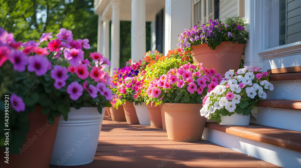 Fototapeta premium Vibrant Petunias in Terracotta Pots on a Sunny Porch