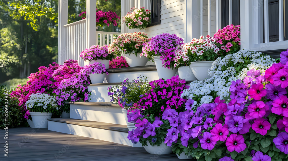 Fototapeta premium Stunning Pink and Purple Petunias on a White Porch