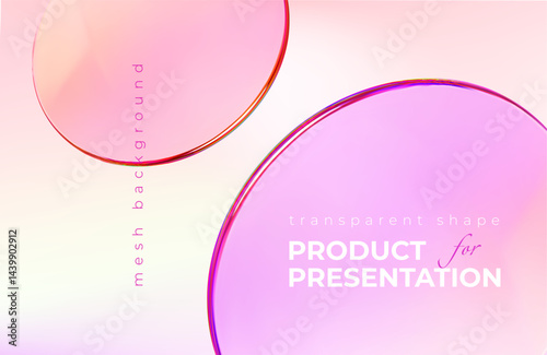 Transparent glass gradient disk or plate on pink backdrop. 3d product display backdrop. Presentation podium,cosmetic ads, round shape fly. Beauty template,banner, cover. Vector mockup illustration