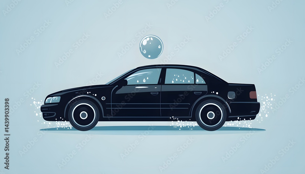 A black sedan is being washed with a soapy water mixture