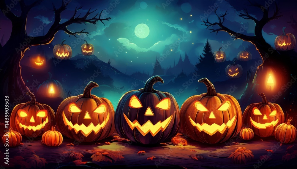 Glowing jack-o'-lanterns light up a spooky night scene under a full moon with twisted trees and eerie blue skies. Glowing jack-o'-lanterns light up a spooky night scene under a full moon with twisted trees and eerie blue skies.