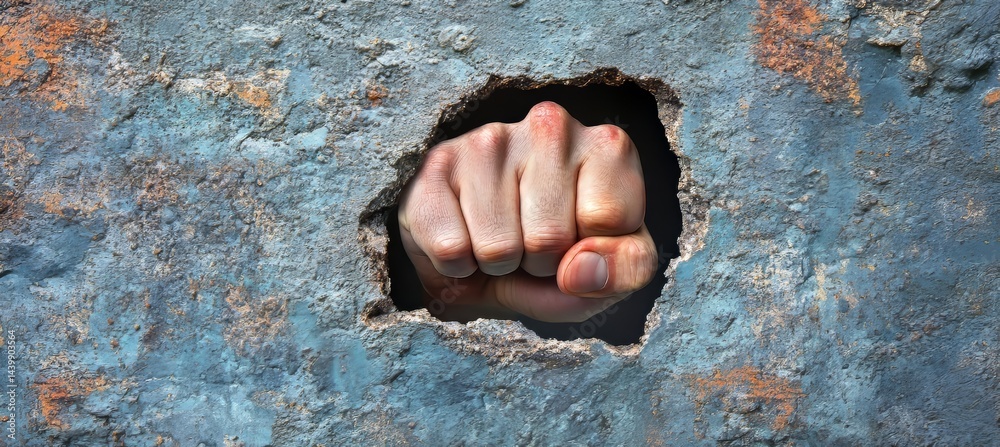 A Clenched Fist Punches Through a Weathered Concrete Wall, Concept of Strength and Power