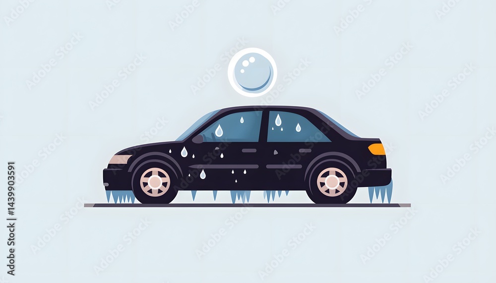 A black car is depicted as being wet and cold