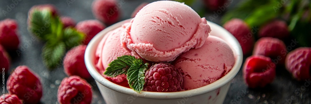 Close-Up Of Refreshing Raspberry Ice Cream With Fresh Raspberries On Dark Background.
