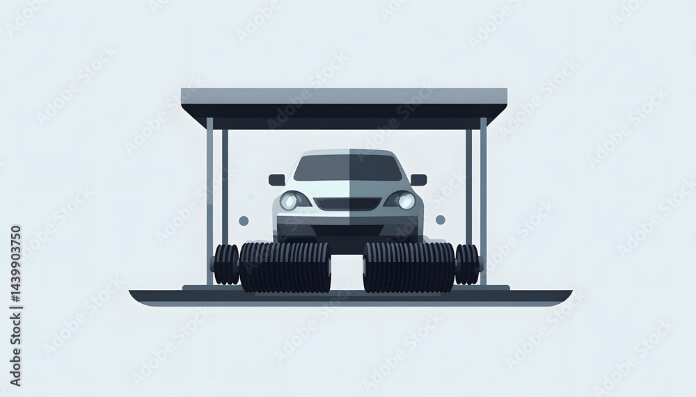 A simplified illustration depicting a car inside a car wash structure