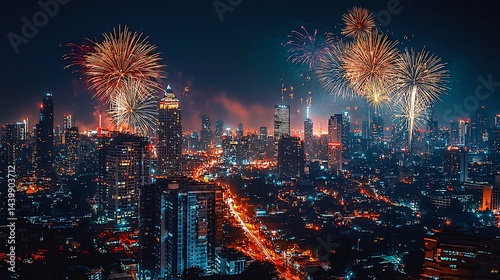 Lively city at night with bright lights and fireworks creating an electrifying atmosphere of joy