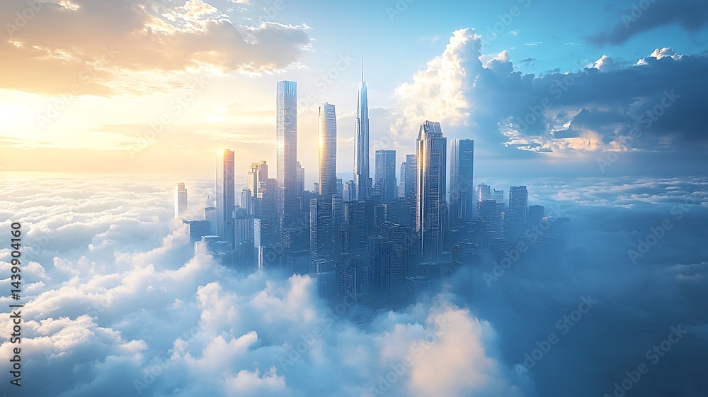 Fototapeta premium Surreal floating city skyline in the clouds surrounded by soft fluffy cloudscapes above