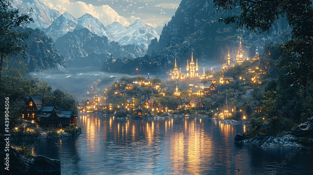 Obraz premium Night view of Lakeside Castle
