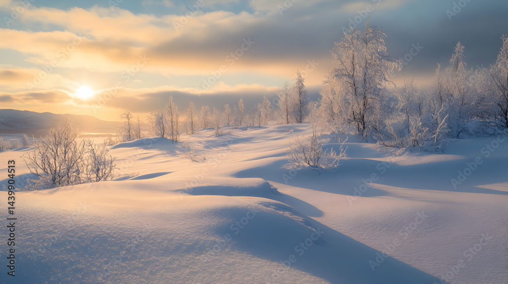 Winter Sunrise Landscape: Snowy Field with Frozen Trees Winter Sunrise Landscape: Snowy Field with Frozen Trees