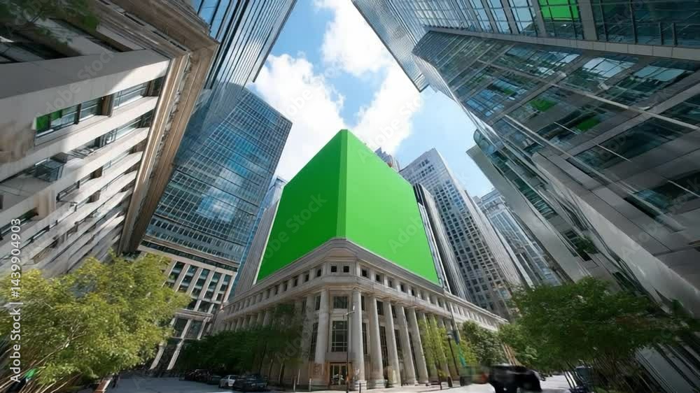 Urban Facade with Green Screen: A low-angle perspective captures the grandeur of city architecture with a prominent building featuring a large green screen.