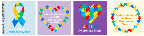 Set card of Autism Awareness Month. Vector poster or greeting card for World Autism Awareness Day, celebrated in April. EPS10