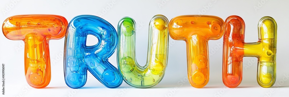 Vibrant, Transparent Letters Spelling the Word TRUTH with Colorful Accents on White Background