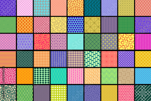 Collection of colorful geometric seamless patterns in different styles. Repeatable bright unusual trendy backgrounds. Vibrant endless prints