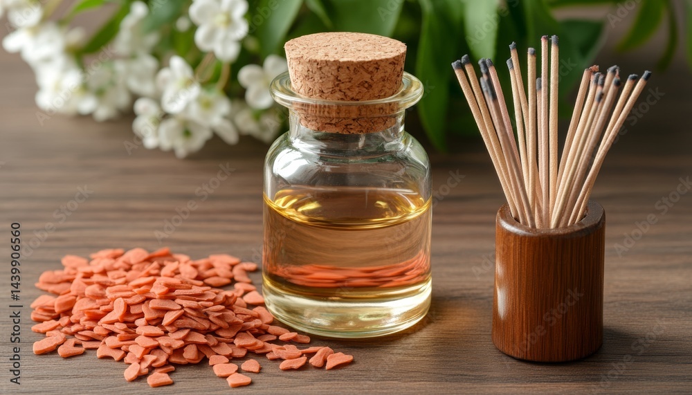 Sandalwood Essential Oil, Aromatic Sandalwood Chips, and Incense Sticks on a Wooden Table