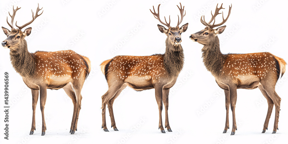 Obraz premium Three sika deer, two bucks and a doe, stand majestically against a white backdrop.