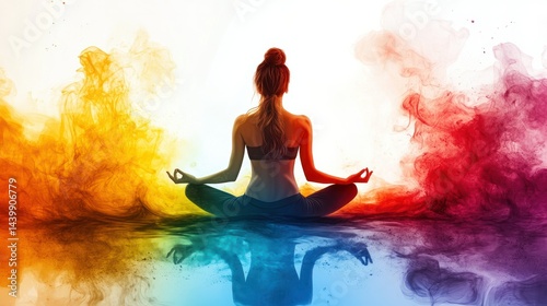 Tranquil woman practicing yoga in cross-legged seated meditation pose on colorful smoky background with vibrant yellow orange pink and blue hues for relaxation mindfulness and wellness