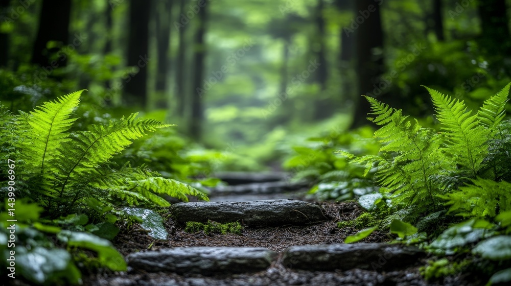 Lush Ferns on Forest Path with Sunlight and Peaceful Forest Scene Lush Ferns on Forest Path with Sunlight and Peaceful Forest Scene