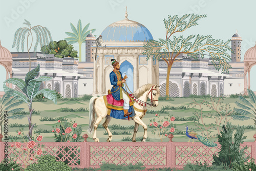 Mughal emperor riding a horse in a garden, surrounded by flowers, an arch, a temple, peacock, monkey, and bird, in a seamless pattern illustration