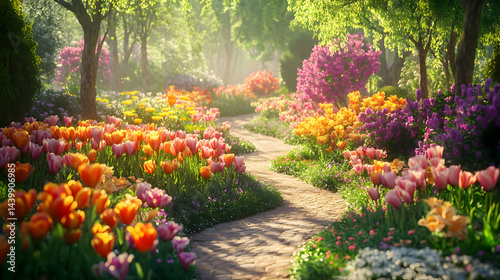 Serene Spring Garden: A Path Through Blooming Tulips and Lush Flowers