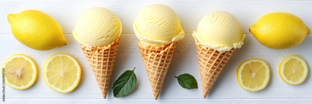 Three Scoops of Refreshing Lemon Ice Cream in Waffle Cones with Fresh Lemons on White Background