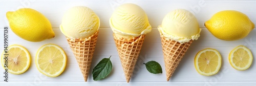 Obraz na płótnie Three Scoops of Refreshing Lemon Ice Cream in Waffle Cones with Fresh Lemons on White Background w salonie