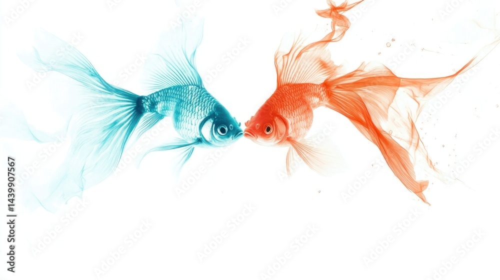 Fototapeta premium Two goldfish, teal and orange, facing each other, in a graceful, abstract style, with flowing fins and a soft, ethereal quality, against a white background