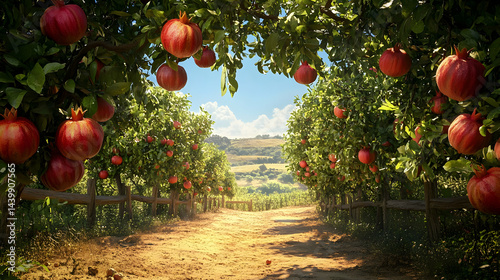 Picturesque Pomegranate Orchard: A Vibrant Countryside Landscape