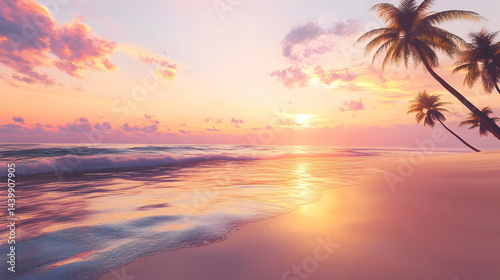 Pink Sunset on Tropical Beach: Palm Trees Ocean Waves and Golden Sky