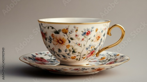Elegant vintage floral porcelain teacup with gold trim and matching saucer featu intricate colorful flower patterns for sophisticated tea time accessories
