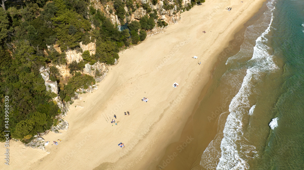 Aerial view of the 300 Steps Beach located near Gaeta, in Lazio, in the province of Latina, Italy. It is a beautiful sandy beach on the Tyrrhenian Sea.