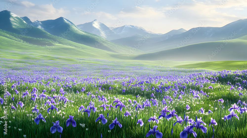 Obraz premium Majestic Mountain View with Blooming Irises Field