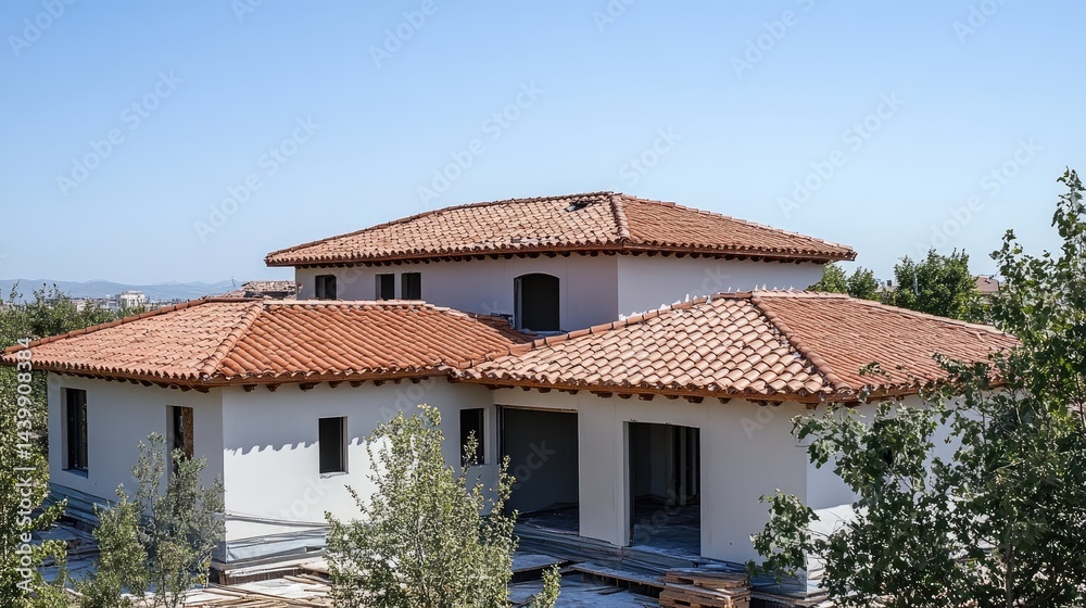 Fototapeta premium Partially installed roofing tiles on a half-finished house