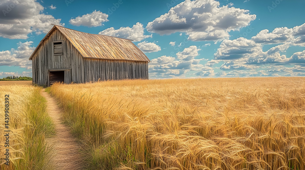 Obraz premium Serene Countryside: Golden Wheat Field and Rustic Barn