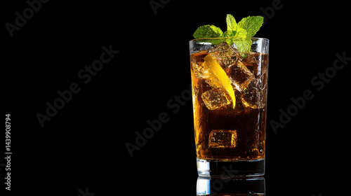 Photo of a long island iced tea with lemon and mint, on a high-resolution, high-quality black isolated background
