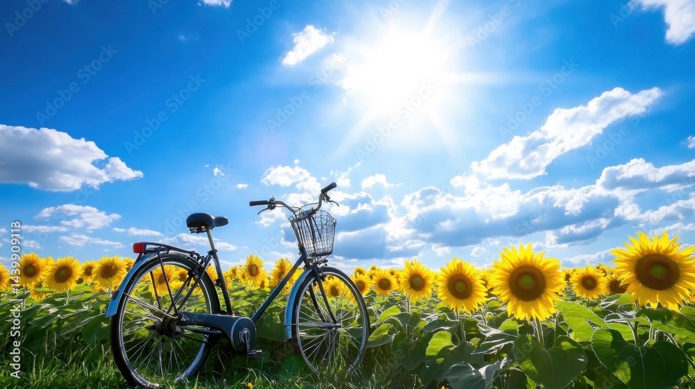 Fototapeta premium Bicycle parked beside a sunflower field under a bright summer sky