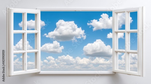 Window with a view of a blue sky and surreal illustrations of clouds and nature in an artistic style