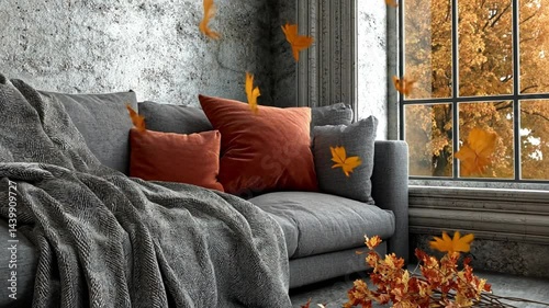 Cozy autumn living room with gray couch, orange pillows, and falling leaves outside window