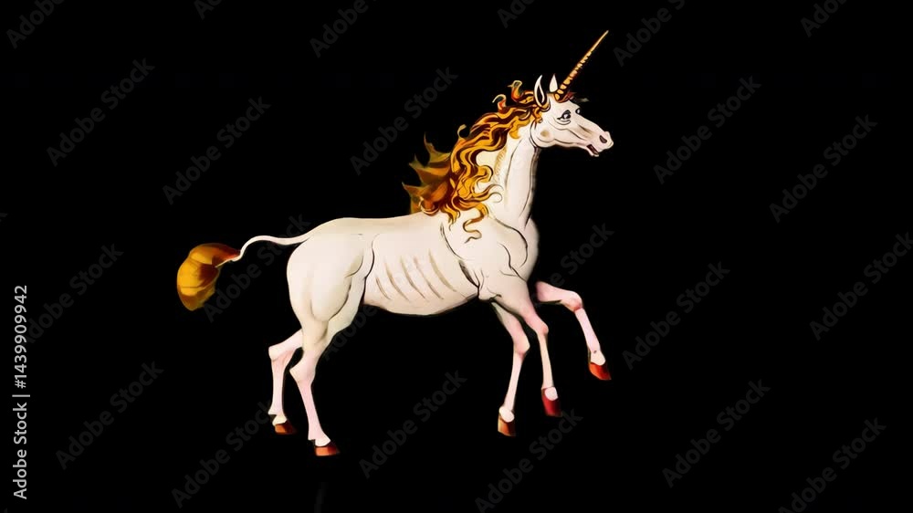 Majestic unicorn leaping gracefully animation isolated asset, transparent 4K video, alpha channel, ProRes 4444
