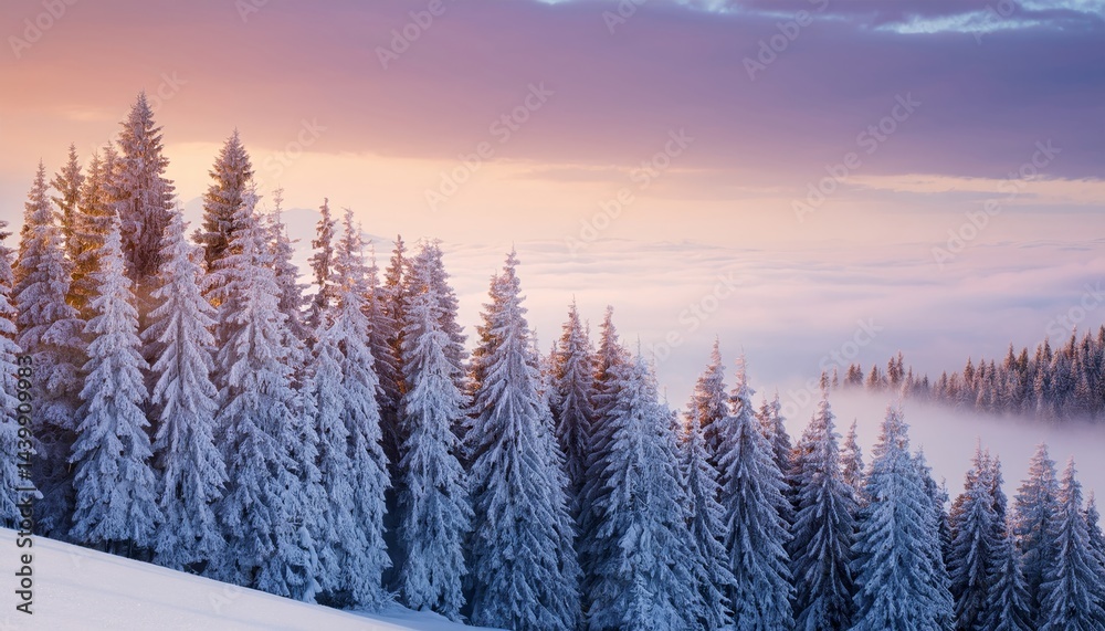 Obraz premium Snow-covered pine trees under a colorful sky with misty clouds in a serene winter landscape.