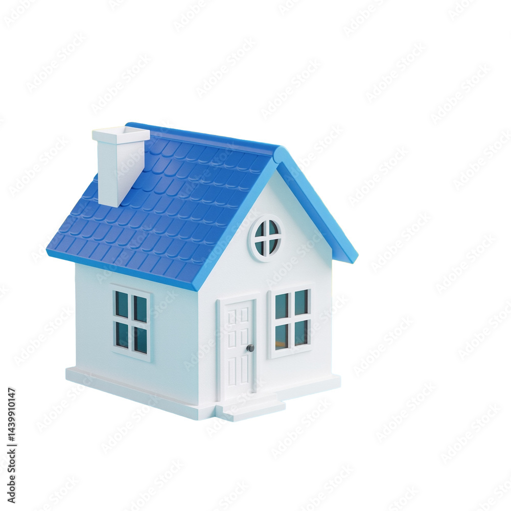 a minimalist, light blue house with a contrasting blue roof and white chimney is isolated on a white background. a minimalist, light blue house with a contrasting blue roof and white chimney is isolated on a white background.