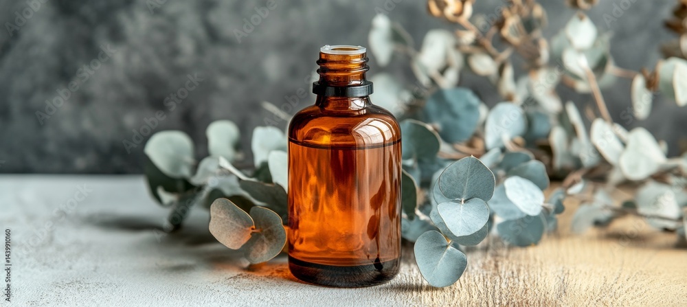 Eucalyptus Essential Oil in Amber Bottle, Eucalyptus Leaves, Dried Eucalyptus on Wooden Table