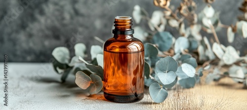 Obraz na płótnie Eucalyptus Essential Oil in Amber Bottle, Eucalyptus Leaves, Dried Eucalyptus on Wooden Table w salonie